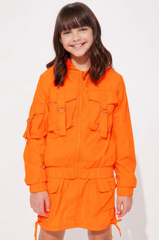 Girl's Cargo Pockets Hooded Jacket