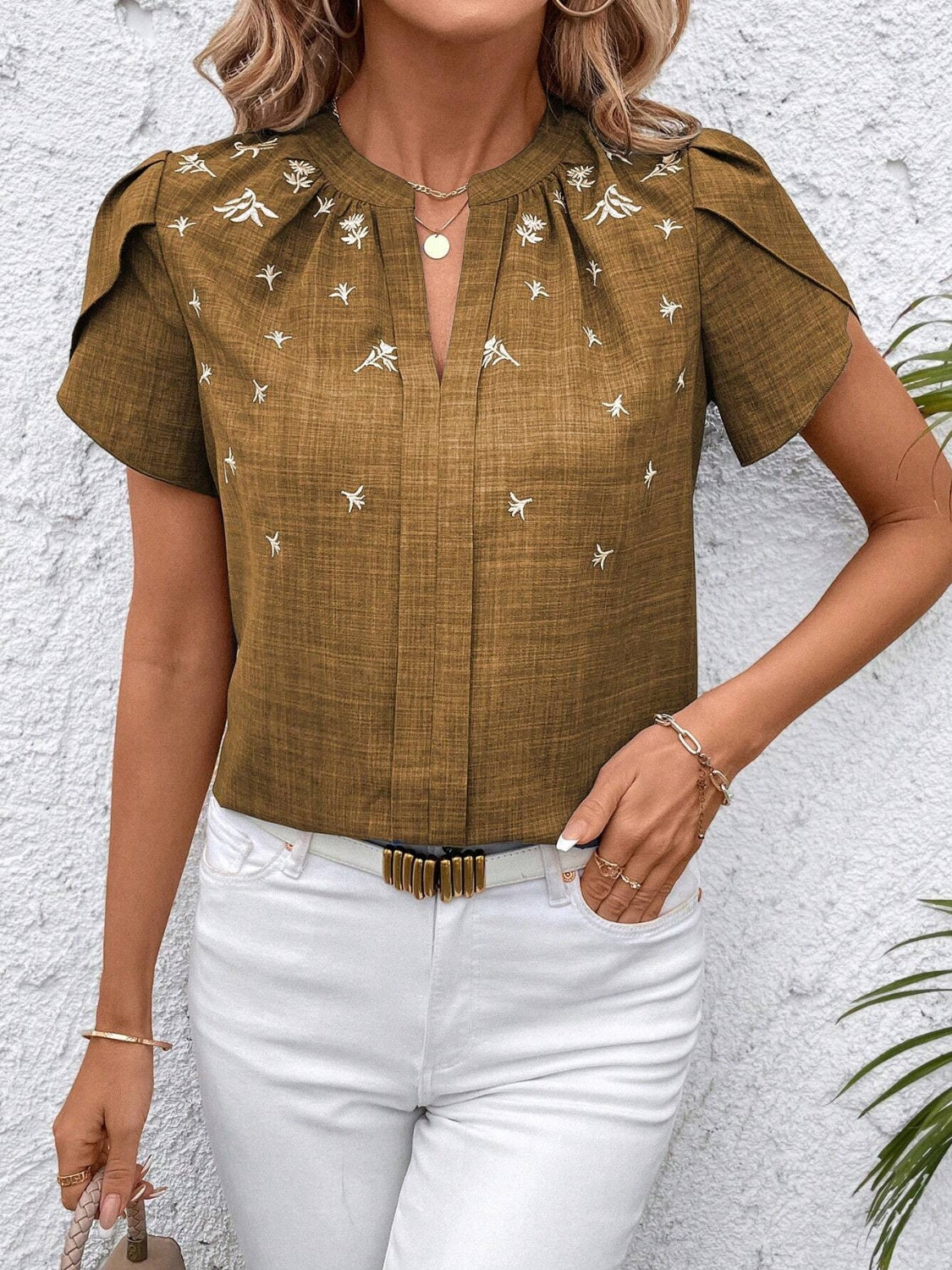 Floral Notched Short Sleeve Blouse
