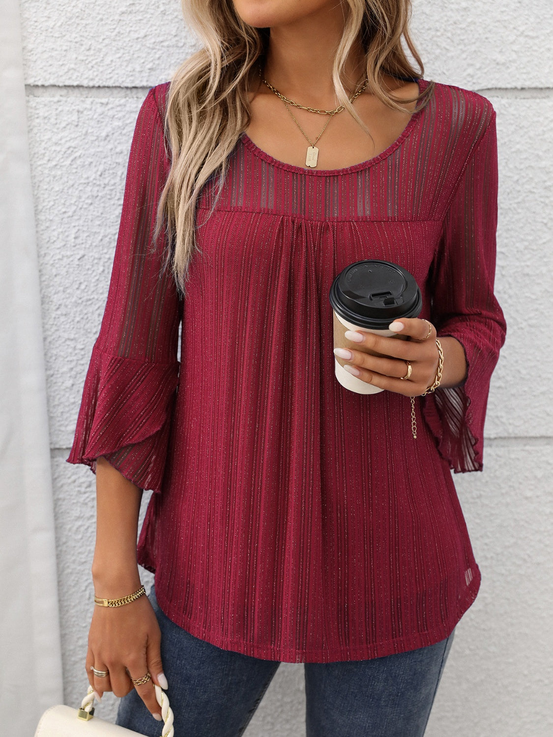 Round Neck Three-Quarter Sleeve Top