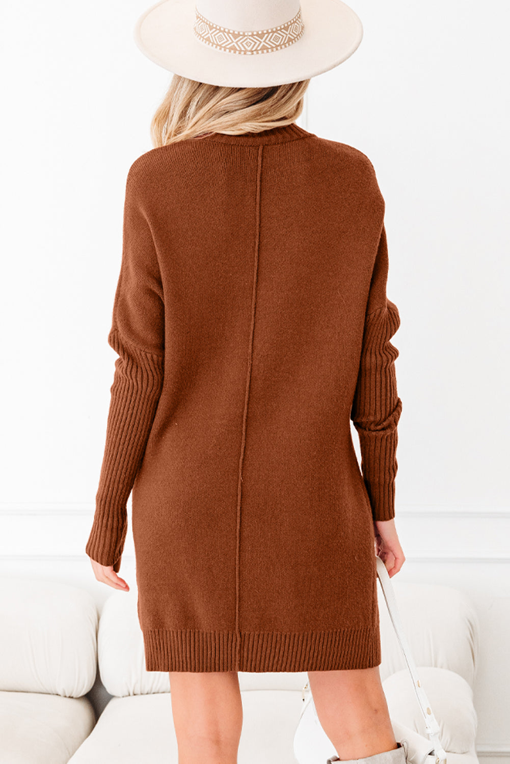 Long Sleeve Chestnut Ribbed High Neck Sweater Dress