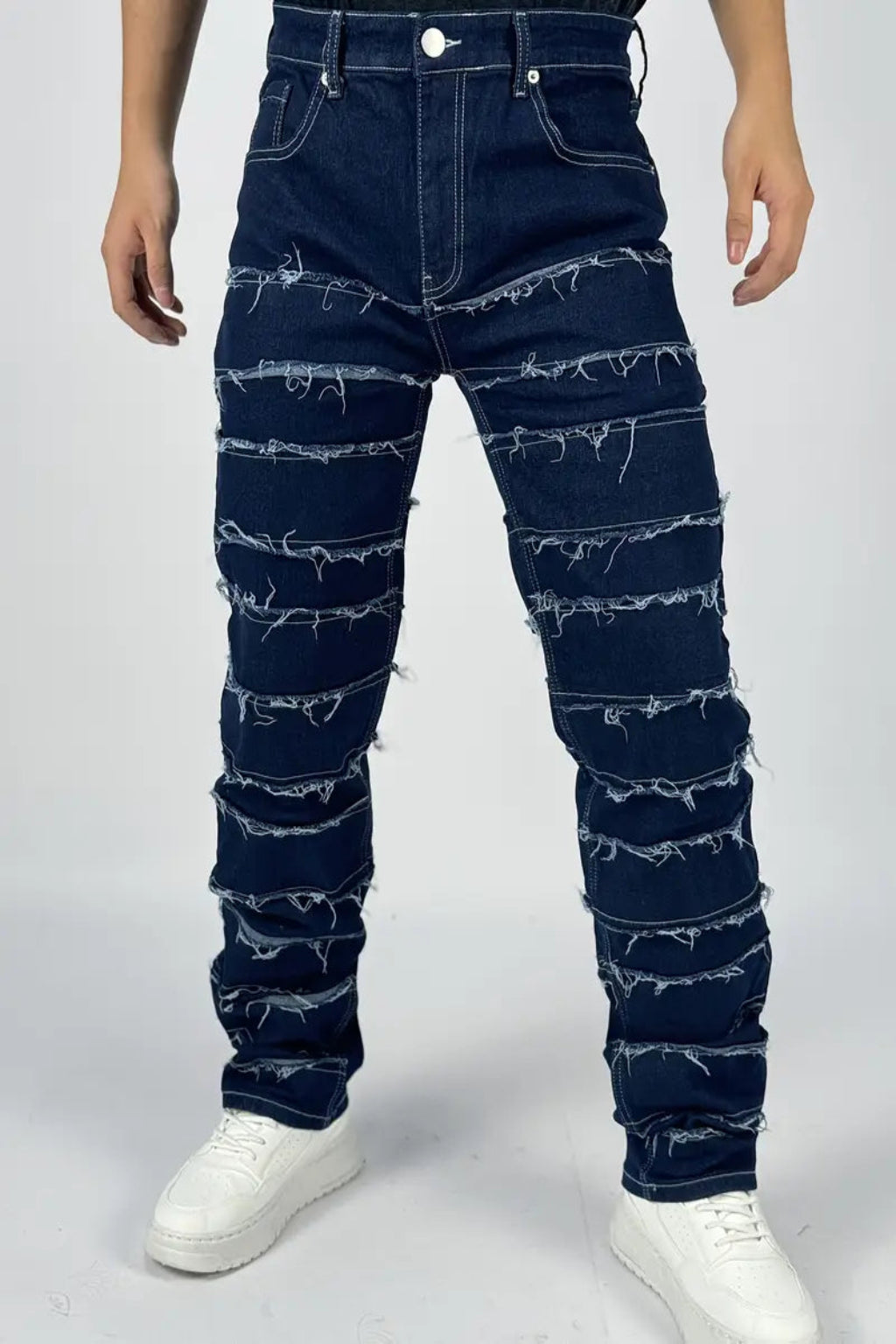 Men's Slim Fit Distressed Jeans with Ring Stitching