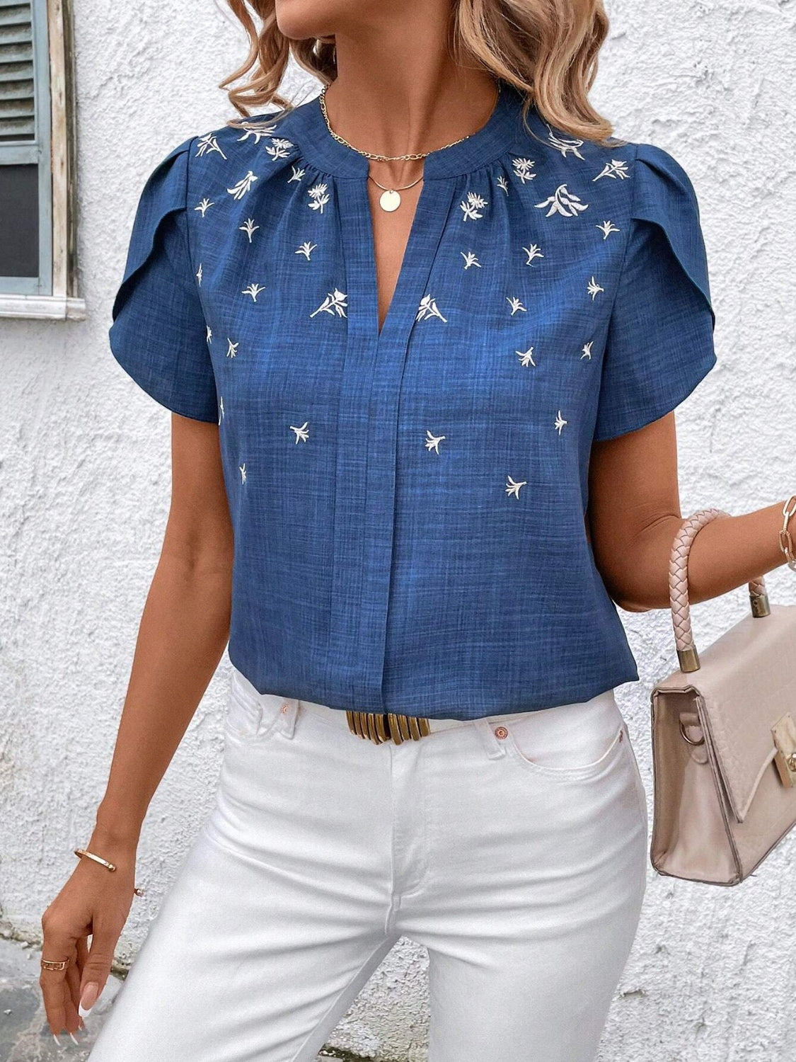 Floral Notched Short Sleeve Blouse