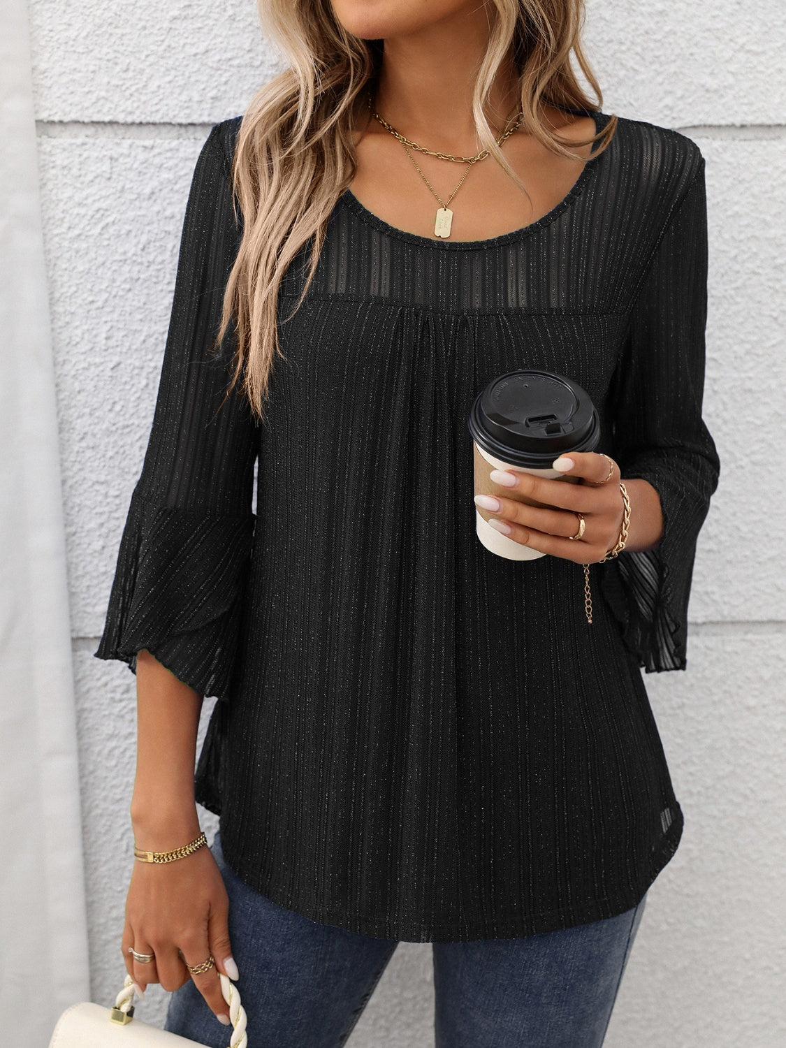 Round Neck Three-Quarter Sleeve Top