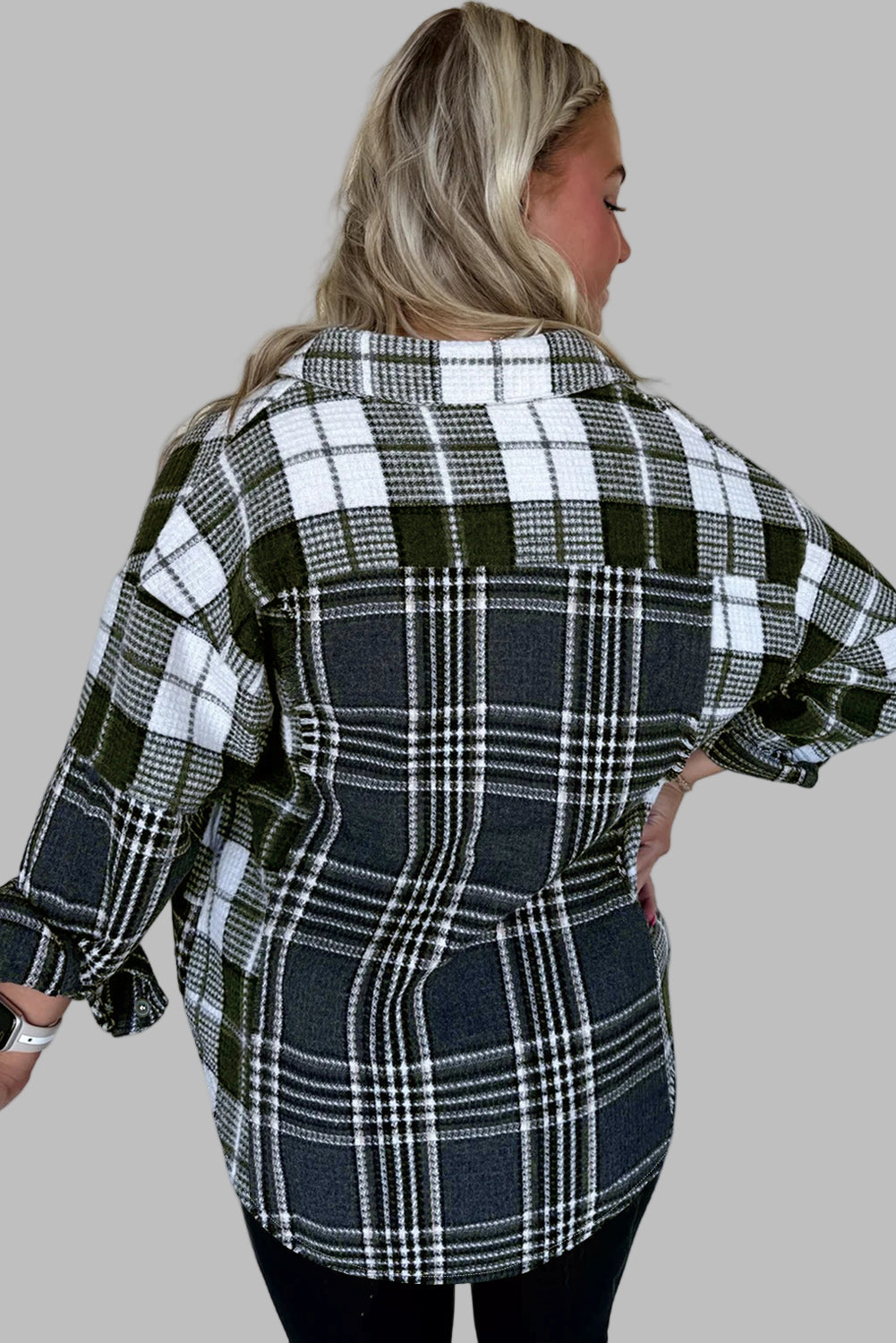 Black Plaid Print Textured Knit Buttoned Shacket