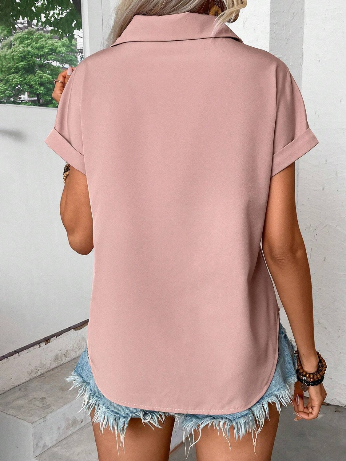 Short Sleeve Pleated Detail Collared Neck Shirt