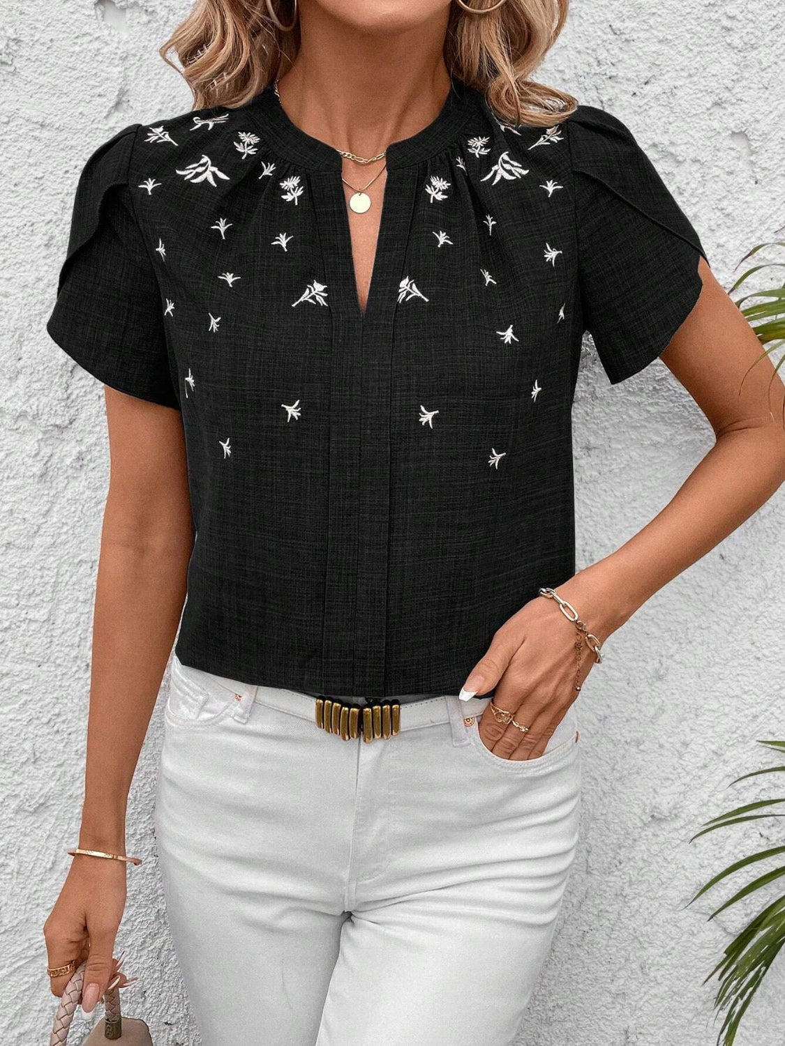 Floral Notched Short Sleeve Blouse