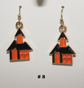 House shaped handmade earrings with black and orange design