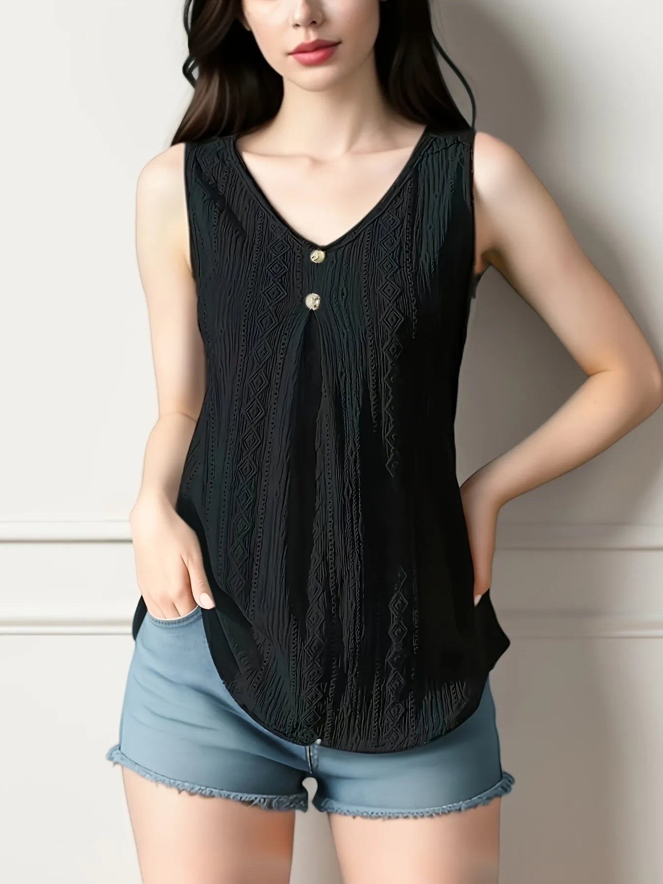 Sleeveless  Slightly stretchy Lace V-Neck Tank Top