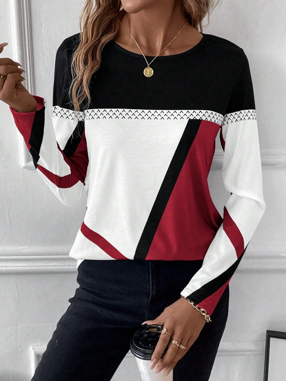 Contrast Round Neck Long Sleeve Top