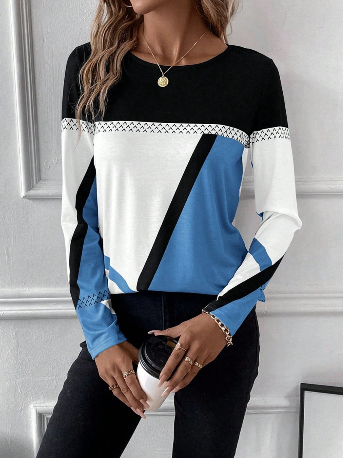 Contrast Round Neck Long Sleeve Top