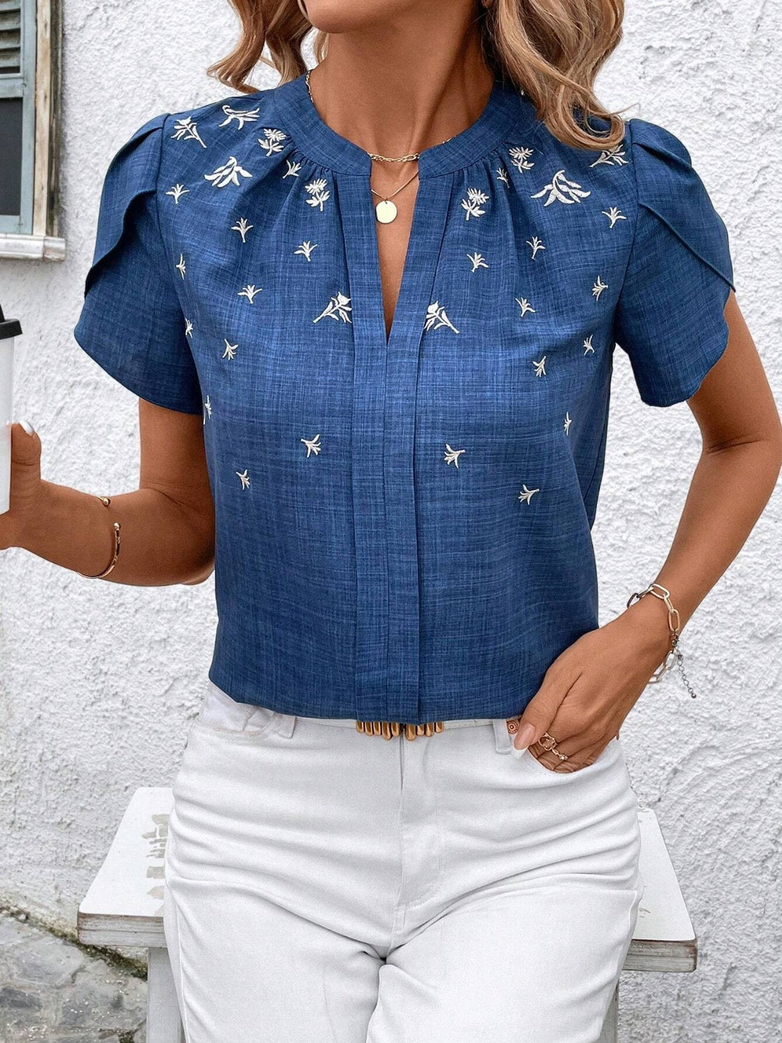 Floral Notched Short Sleeve Blouse