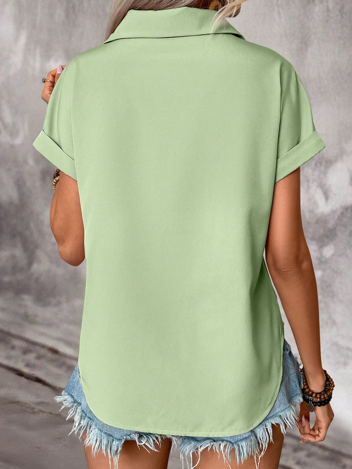 Short Sleeve Pleated Detail Collared Neck Shirt