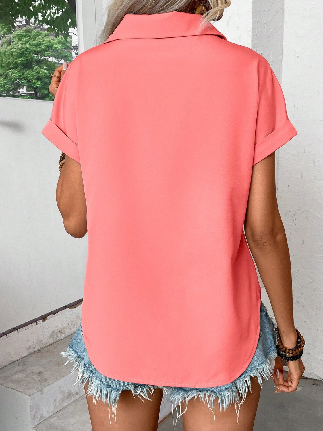 Short Sleeve Pleated Detail Collared Neck Shirt