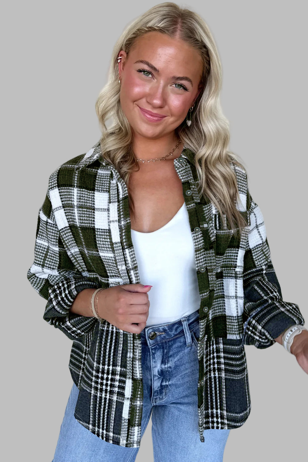 Black Plaid Print Textured Knit Buttoned Shacket