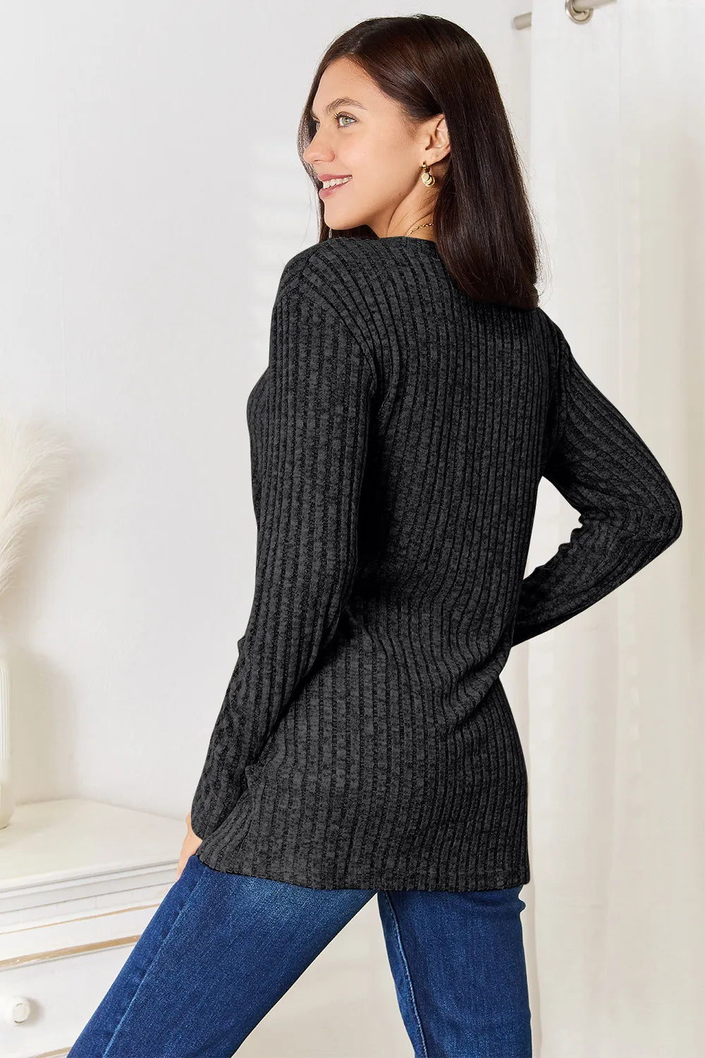 Long Sleeve Notched Neck Ribbed Top