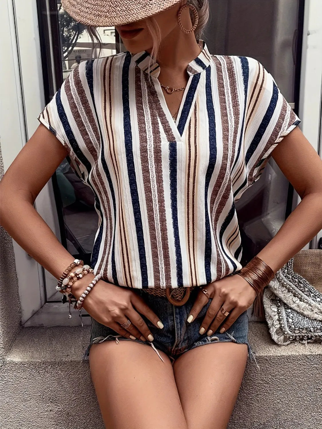 Short Sleeve Striped Notched Top