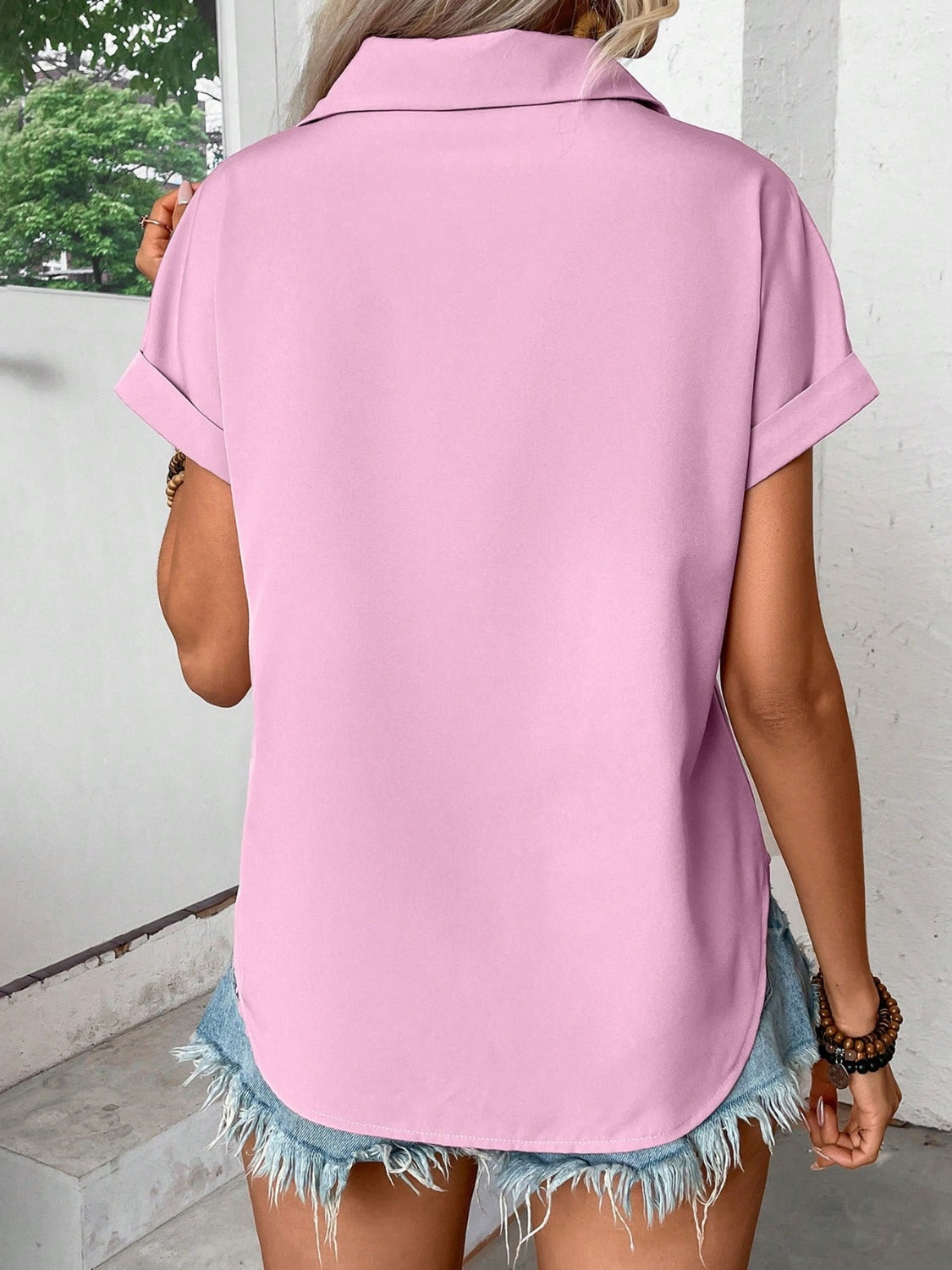 Short Sleeve Pleated Detail Collared Neck Shirt