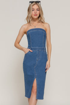 Stretch Denim Front Slit Tube Dress