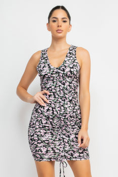 Sleeveless Lightweight Ditsy Floral Ruching Dress