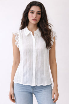 Scalloped sleeves Cotton Eyelet Lace Button-front Blouse