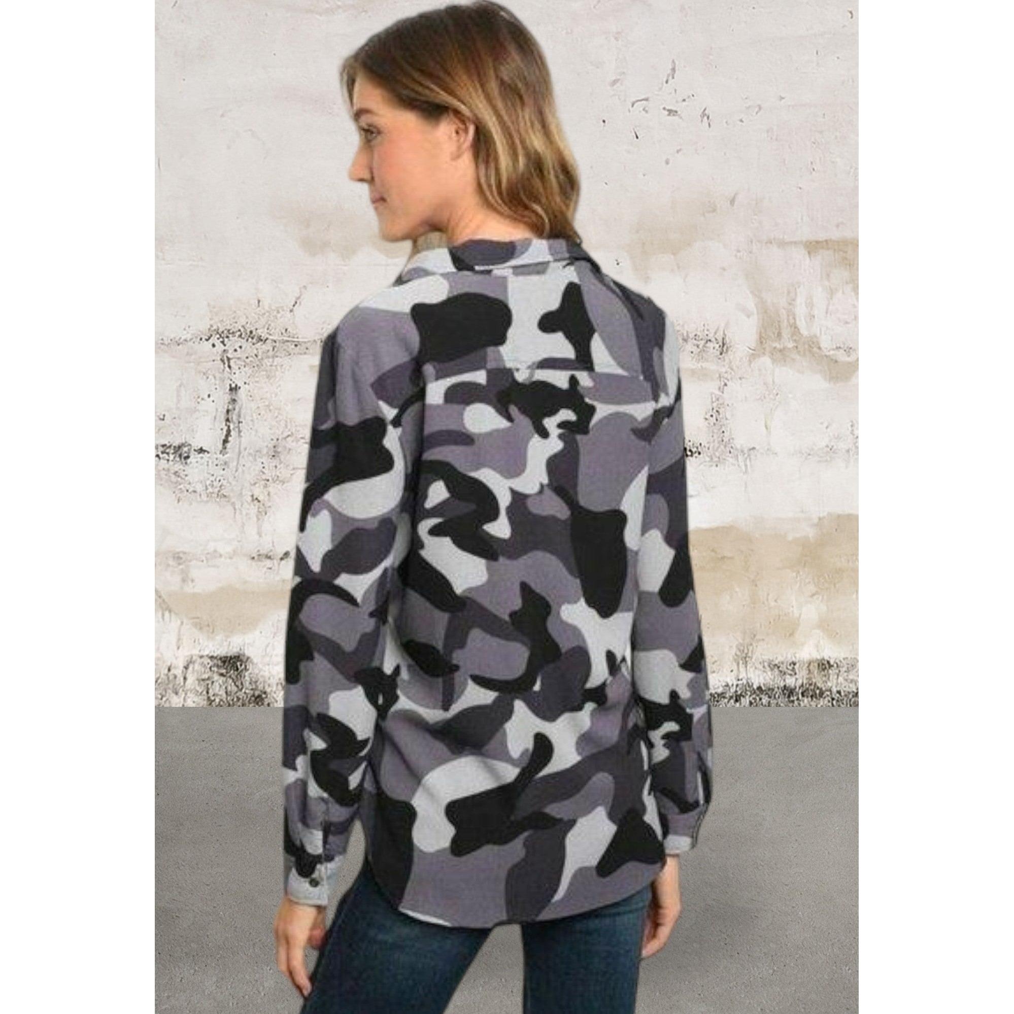 Long sleeve camouflage button front top