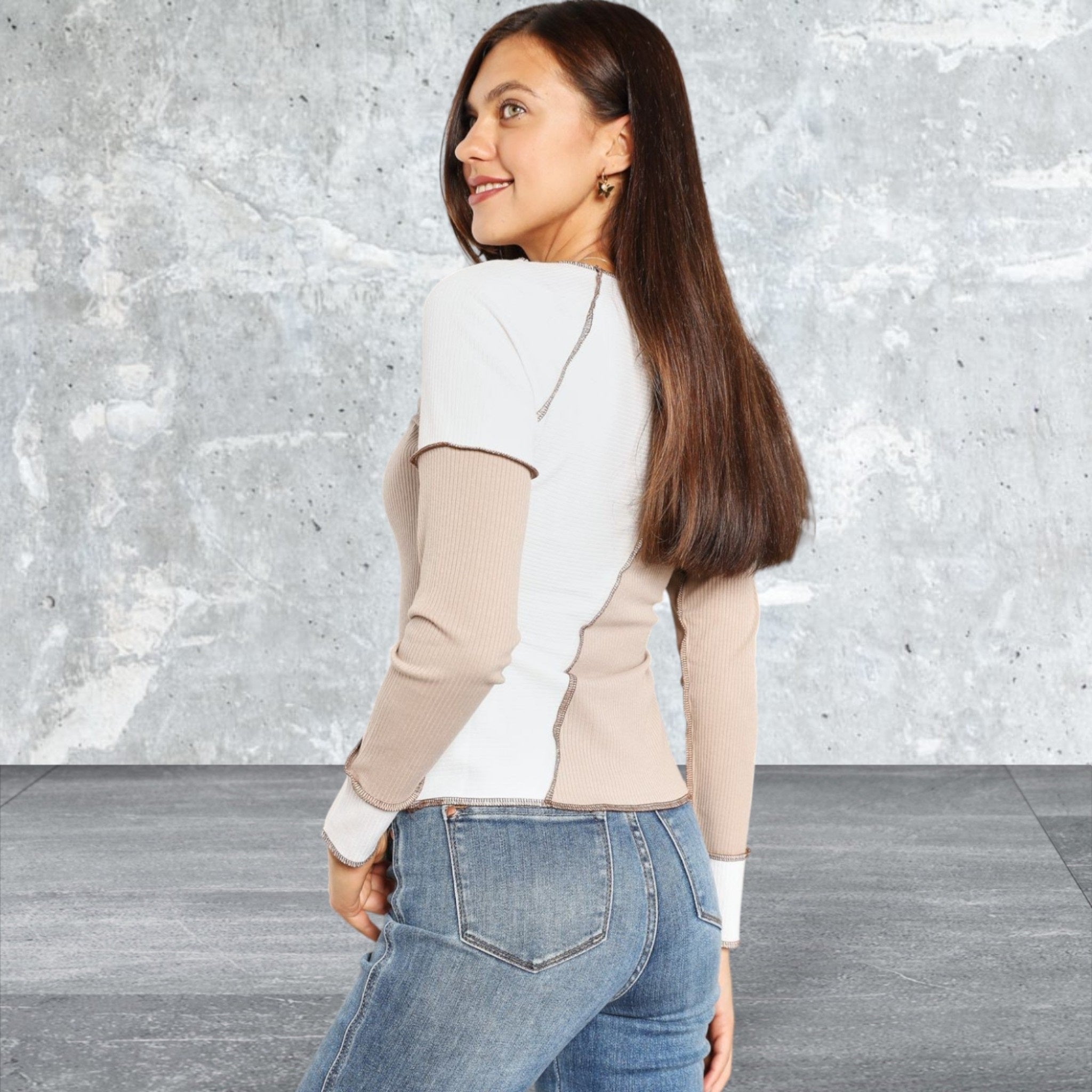 Women's Double Take Ribbed Design Long Sleeve Exposed Seam Top