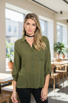 Women's Olive Button Front Casual Western Blouse