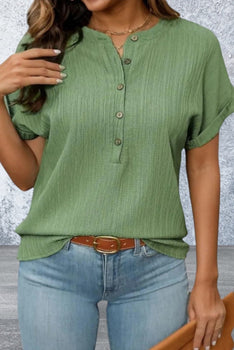 Short Sleeve Button Round Neck Top