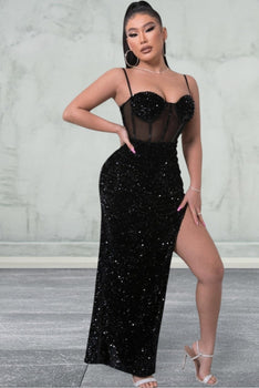 Sequin Spliced Mesh Adjustable Strap Maxi Dress