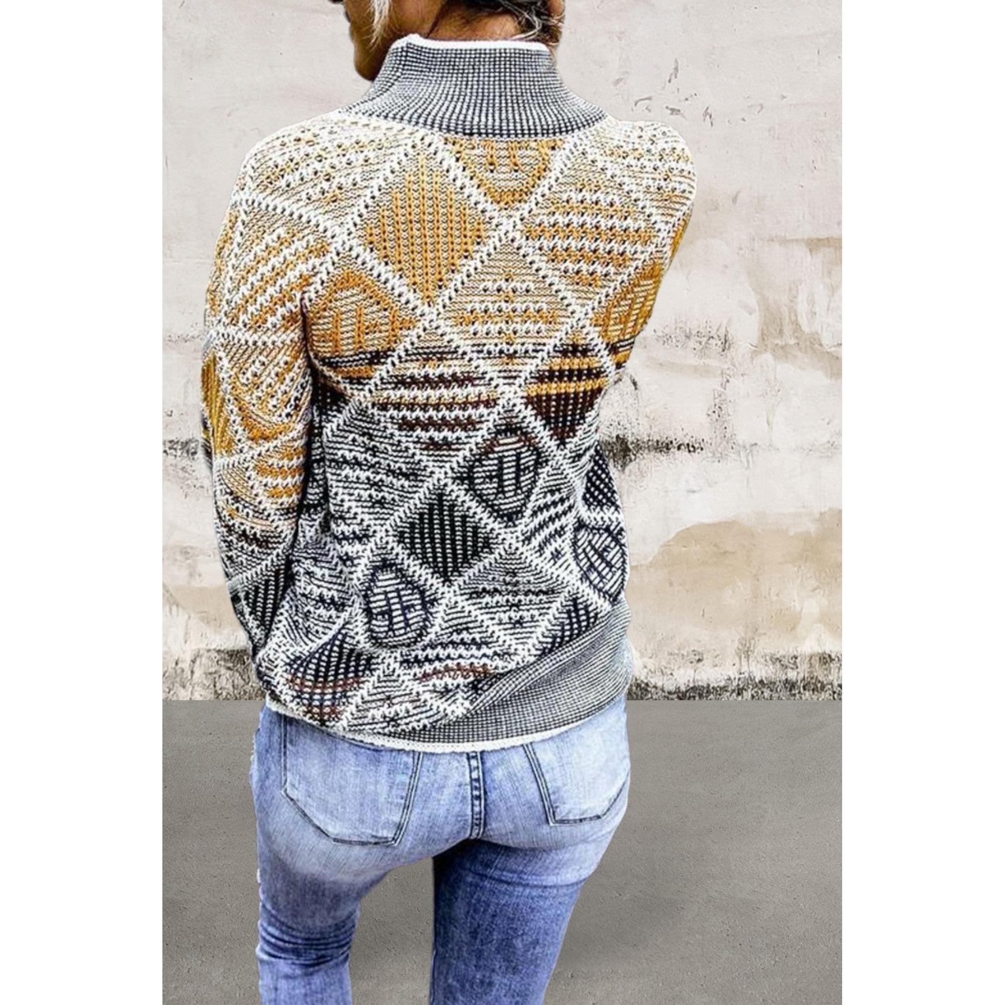 High Neck Geometric Colorblock Sweater