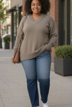 Plus size Brown Light Weight soft solid knit high low hem sweater