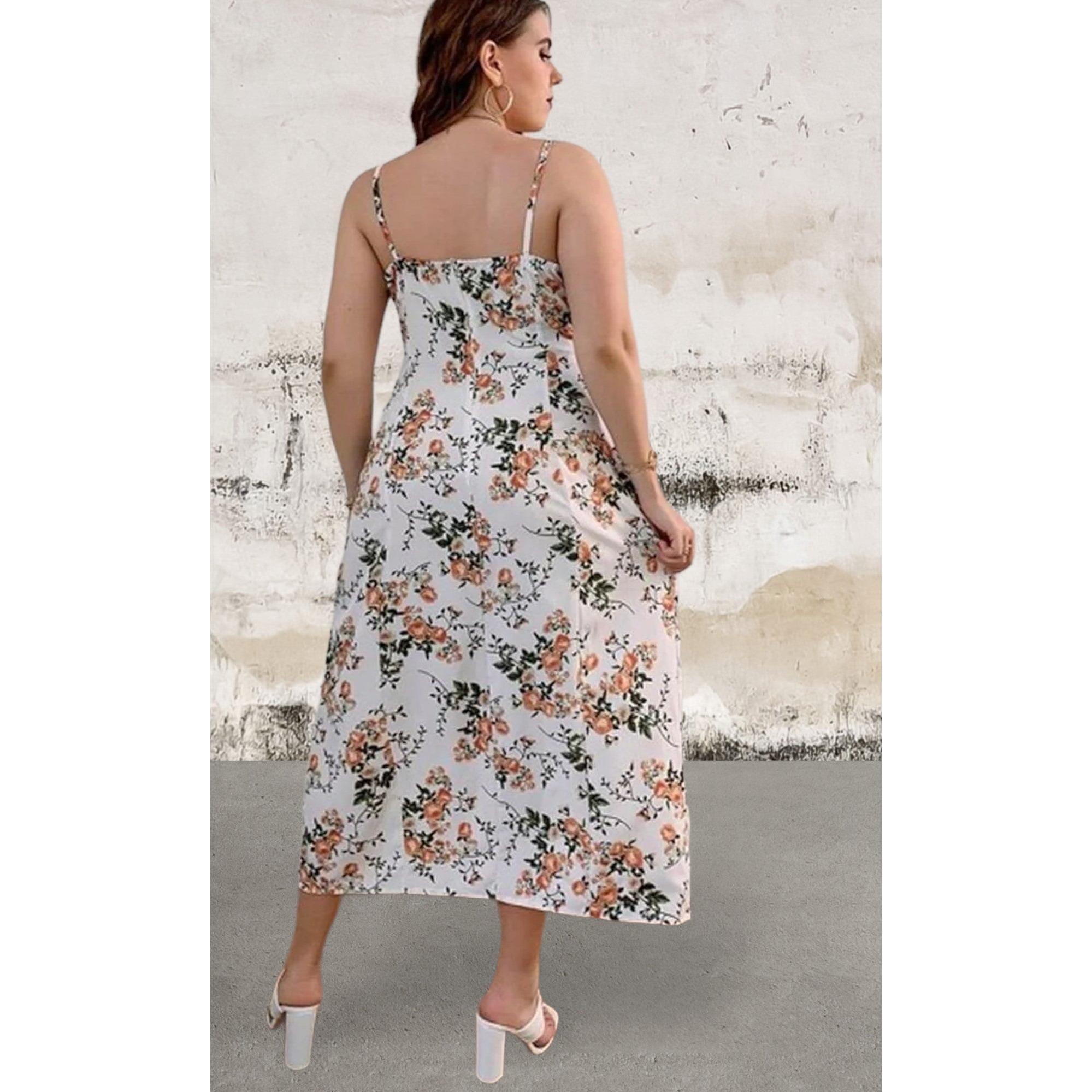 Plus size floral print side split cami dress