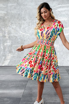 Abstract Print V Neck Dolman Sleeve Ruffle Tiered Mini Dress