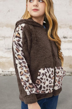 Girls Leopard Print Faux Fleece Jacket