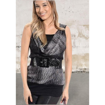 Women sleeveless cowl neck belted blouse