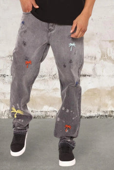 Men Straight Leg Palm Trees 5 Pocket Jeans