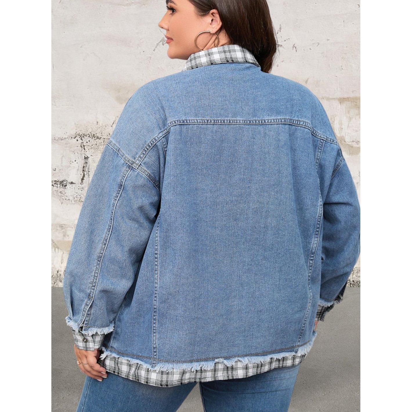 Plus Size Plaid Hem Denim Jacket