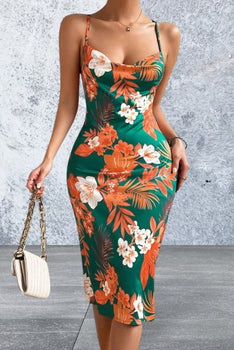 Crisscross Back Floral Print Bodycon Dress