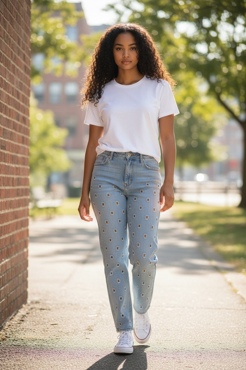 Non stretch straight leg denim jeans