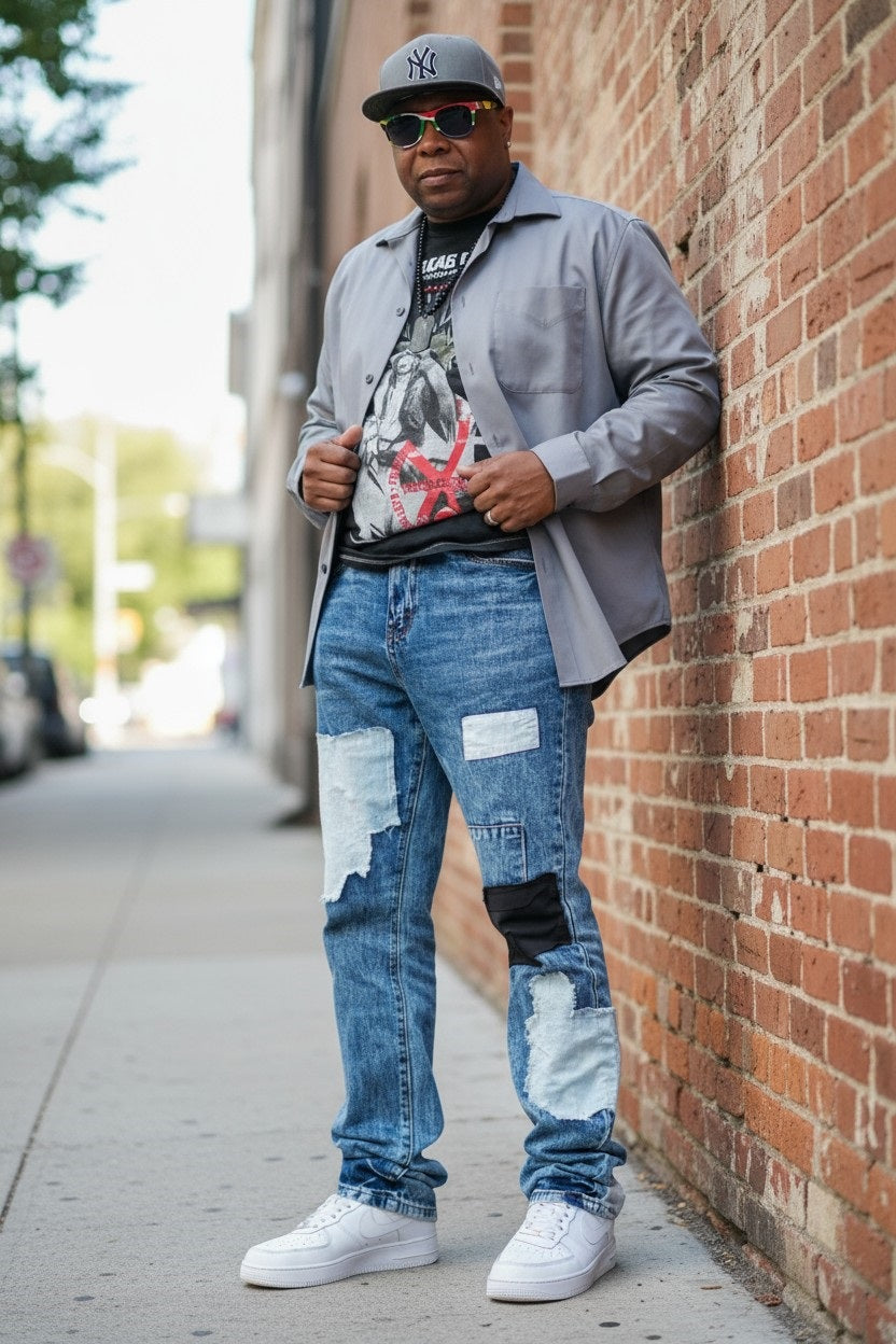 Mens Straight Leg Denim Patch Jeans