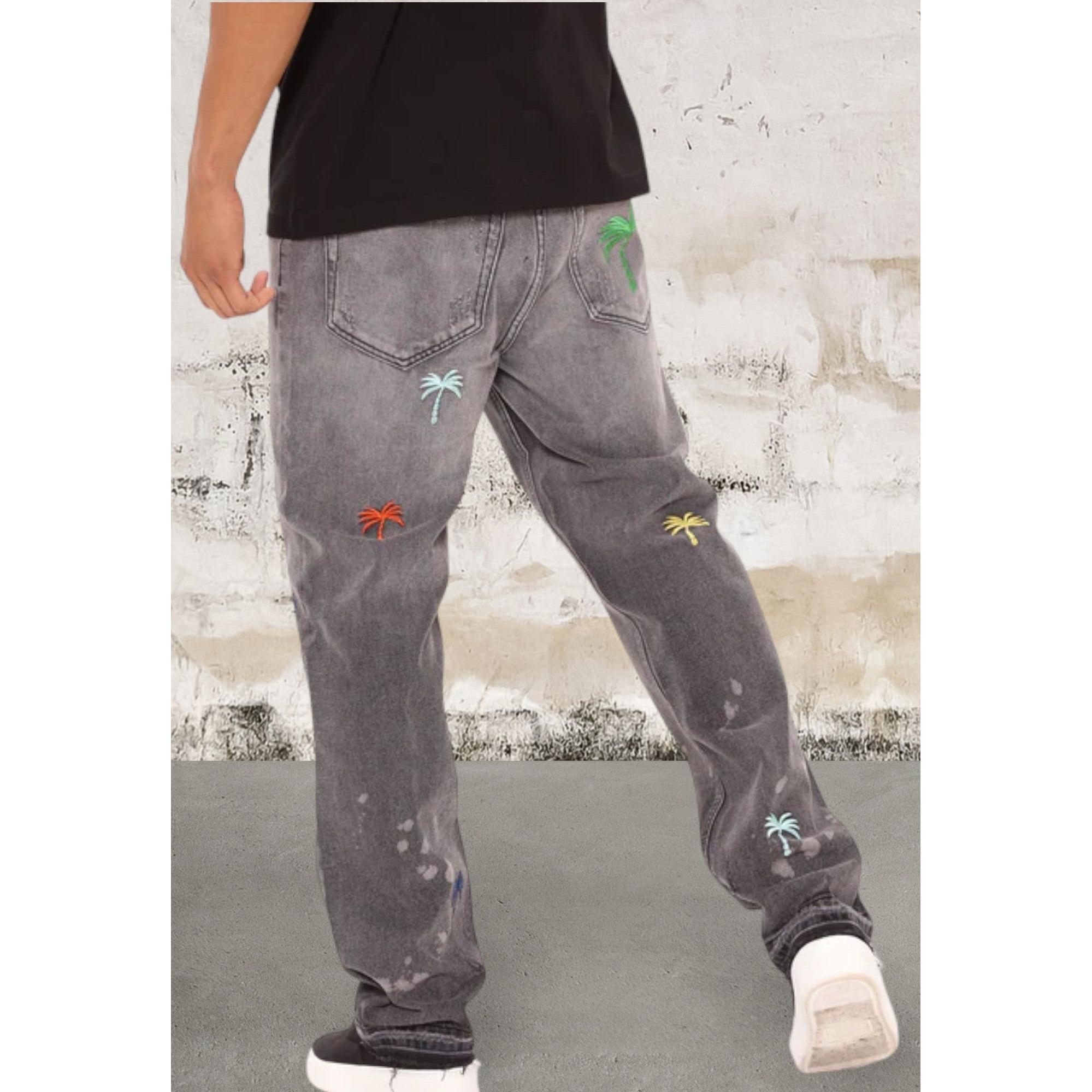 Men Straight Leg Palm Trees 5 Pocket Jeans