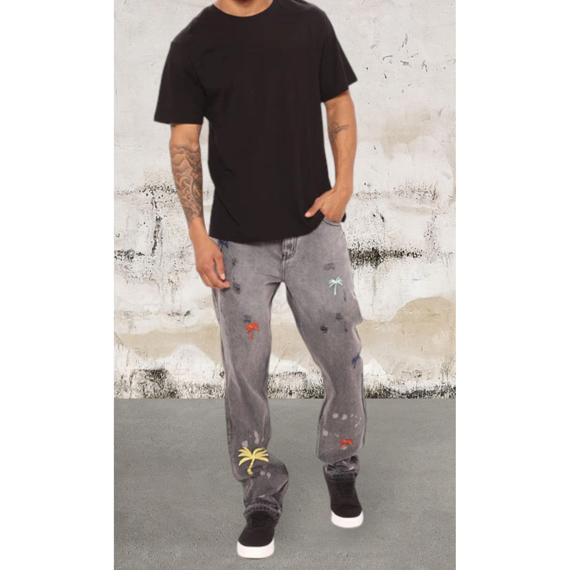 Men Straight Leg Palm Trees 5 Pocket Jeans