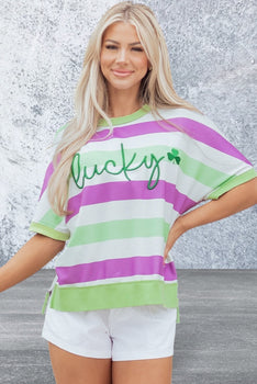 Short Sleeve Stripe Lucky Clover Graphic Loose Top