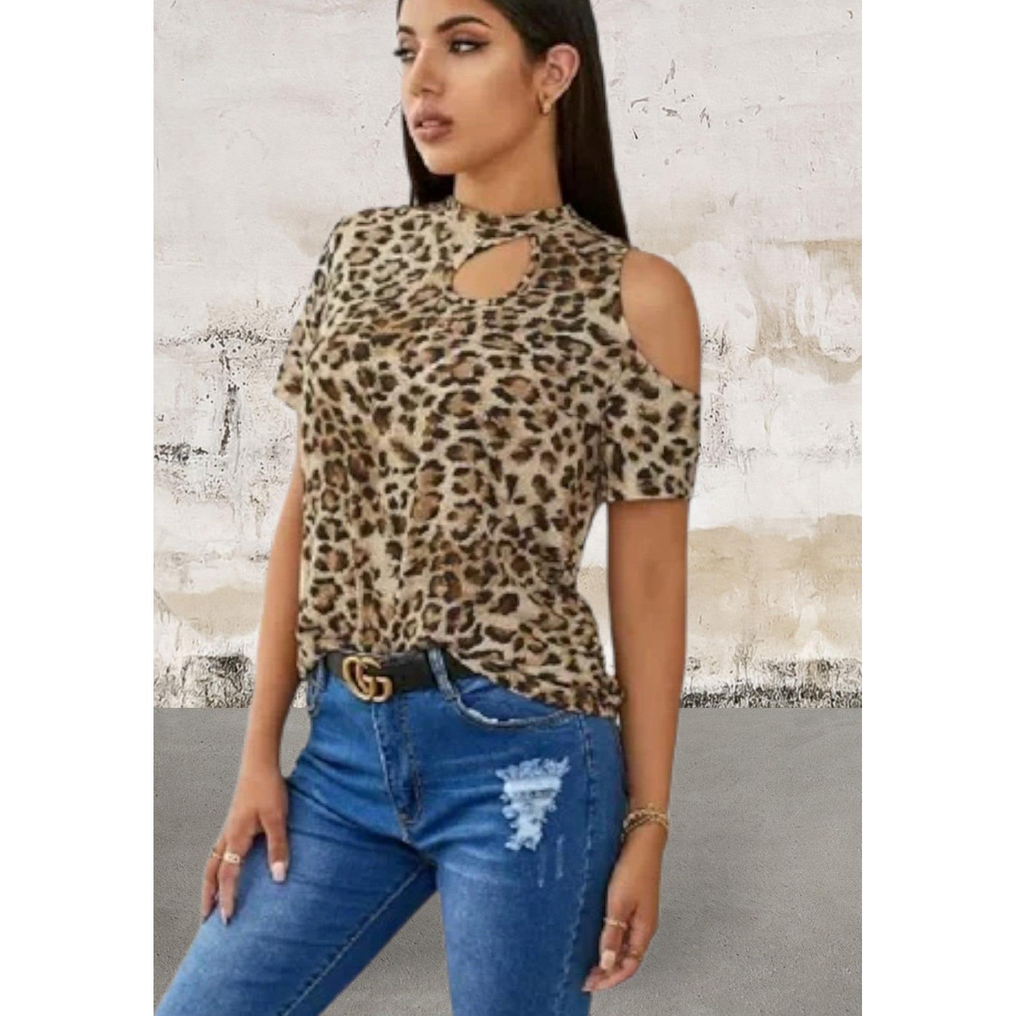 Short sleeve leopard print cut out top