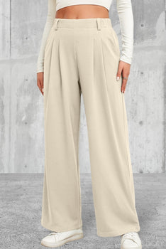 Beige Elastic Waist Wide Leg Pants