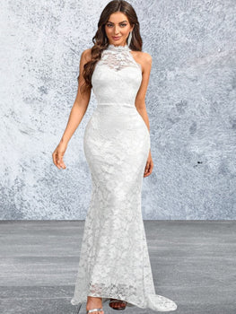 Women Sleeveless Open Back Wedding Dress