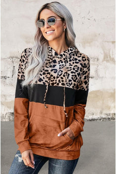 Plus Size Long sleeve leopard colorblock hoodie