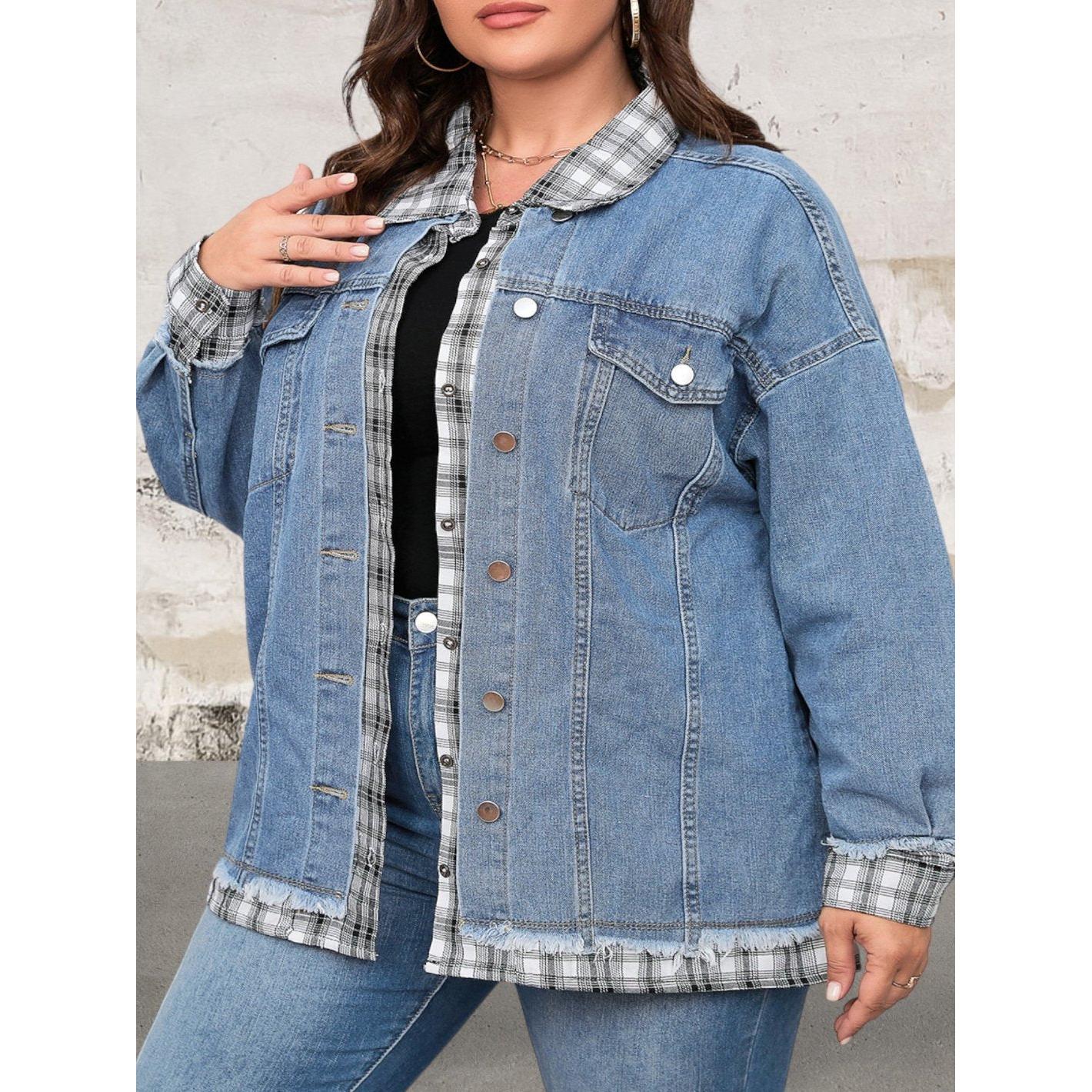Plus Size Plaid Hem Denim Jacket