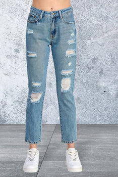 High Rise Distressed Relaxed Straight Leg Jeans