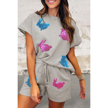 Gray Shiny Bunny Patch Textured Short Outfit